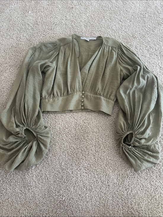 HYFVE Tops - Sage Green Cropped Blouse with Statement Balloon Sleeves